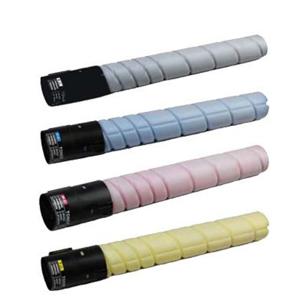 Quattro cartucce toner colorate sono disposte verticalmente, ciascuna con un'estremità nera e un corpo colorato a spirale: grigio, blu, rosa e giallo.