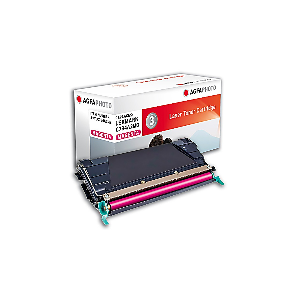 Una cartuccia toner laser magenta per stampanti Lexmark è mostrata davanti alla sua scatola. La scatola ha il marchio AGFAPHOTO.