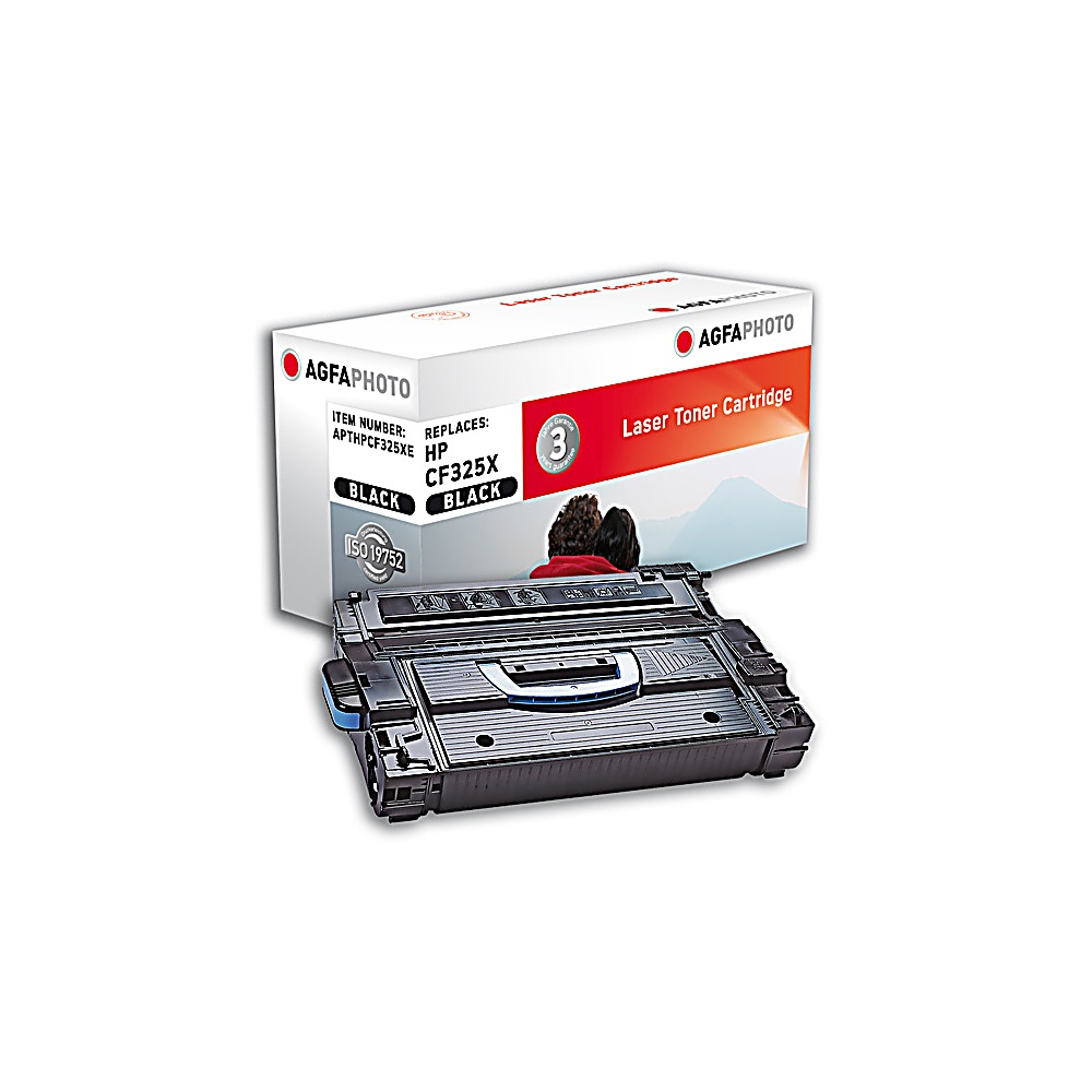 Una cartuccia toner laser nera è davanti alla sua scatola. La scatola dice AGFA Photo e Laser Toner Cartridge. La cartuccia ha una garanzia di 3 anni.