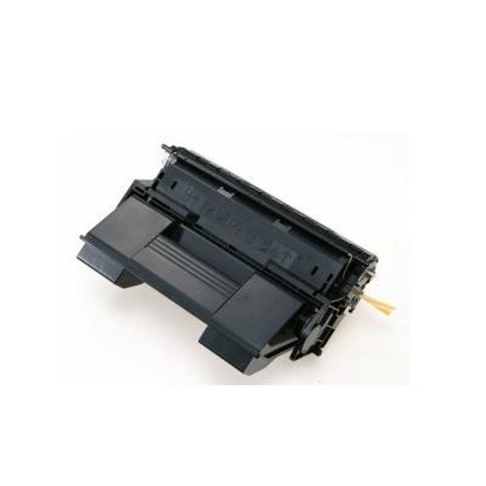 Una cartuccia toner nera per stampante. È angolata verso destra, mostrando la parte superiore e laterale. Un pezzo giallo sporge.