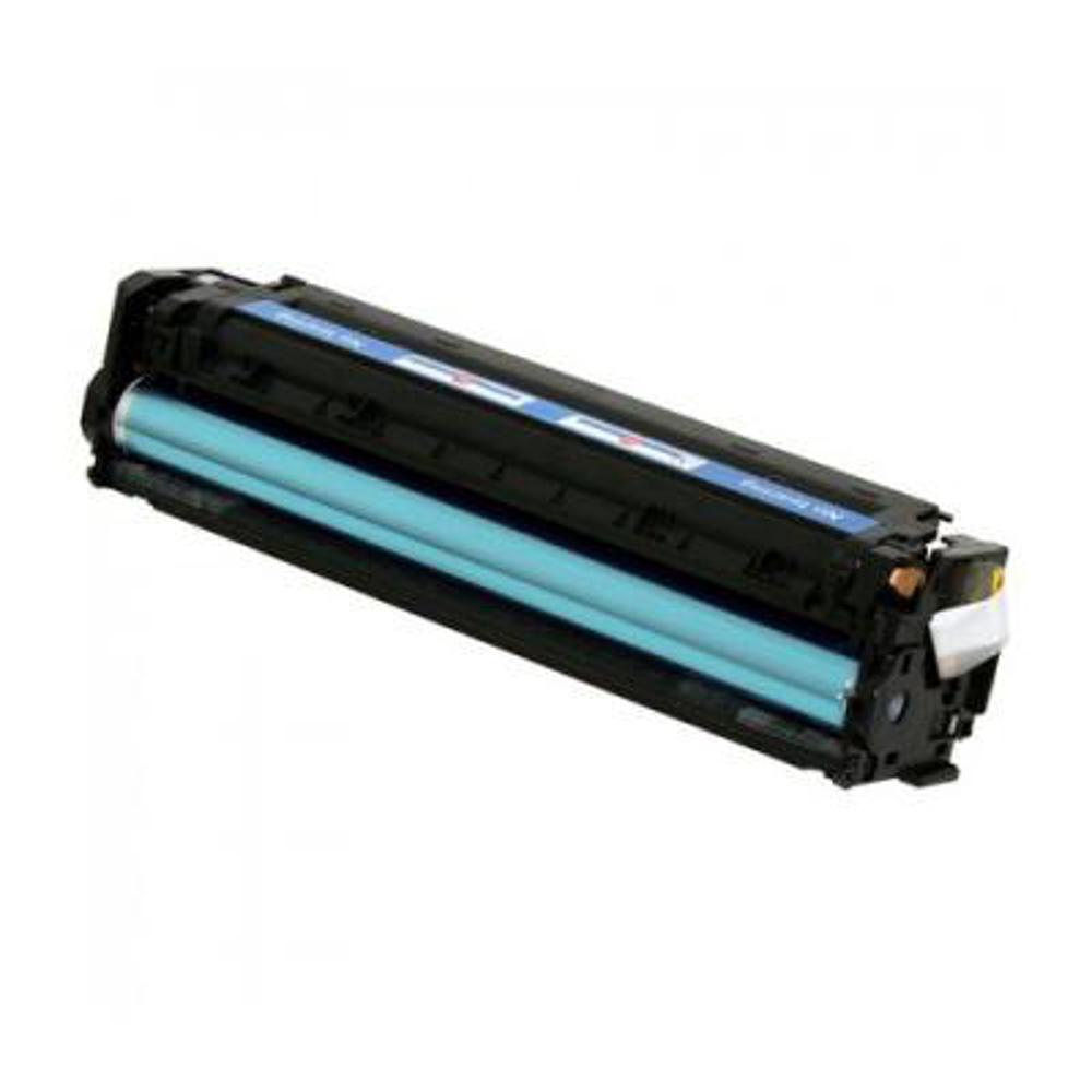 Una cartuccia di toner per stampante, nera e blu, è posizionata su uno sfondo bianco. La cartuccia è al centro del fotogramma.