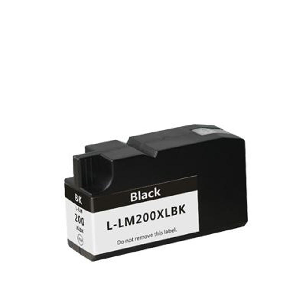 Una cartuccia d'inchiostro nera. Ha un'etichetta bianca con scritto 'Black L-LM200XLBK' e 'Do not remove this label'. La cartuccia dice 'BK 200'.