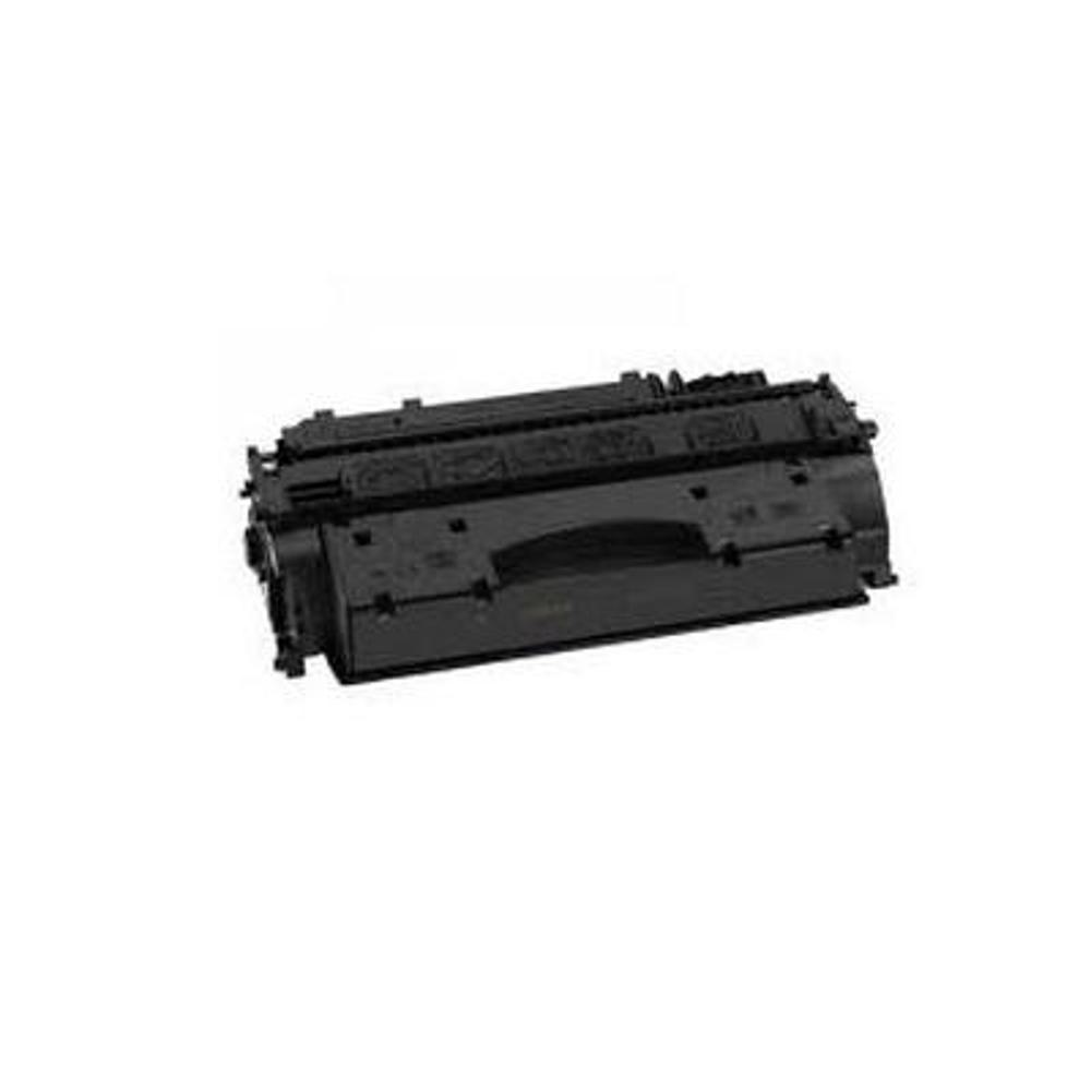 Una cartuccia di toner per stampante nera su sfondo bianco. La cartuccia è cilindrica con vari dettagli e marcature.