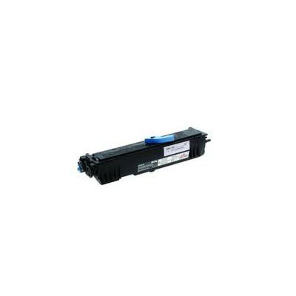 Una cartuccia toner nera con manico blu su sfondo bianco.