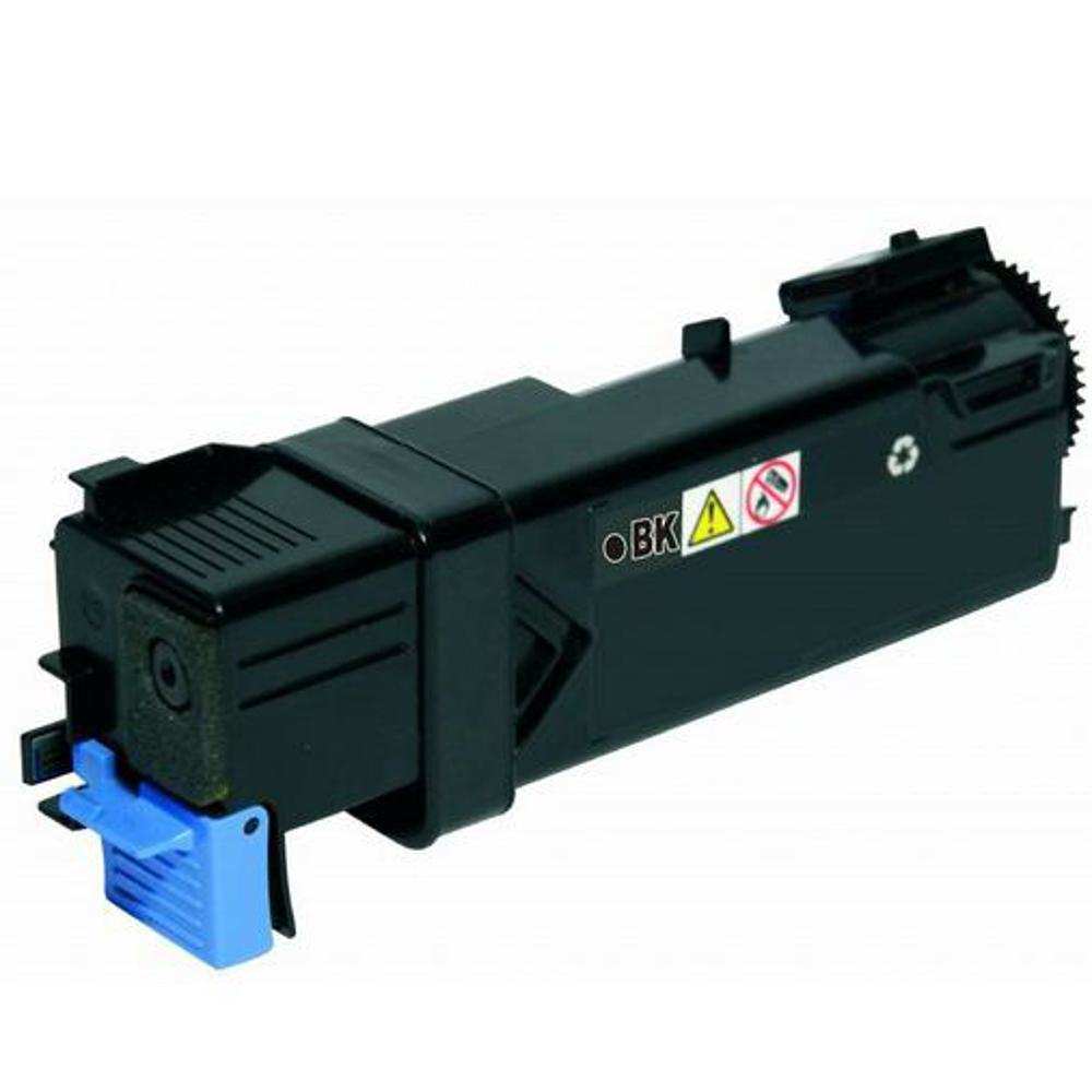Una cartuccia di toner nera con dettagli blu e bianchi ed etichette di avvertimento. Un ingranaggio è visibile sul lato destro.