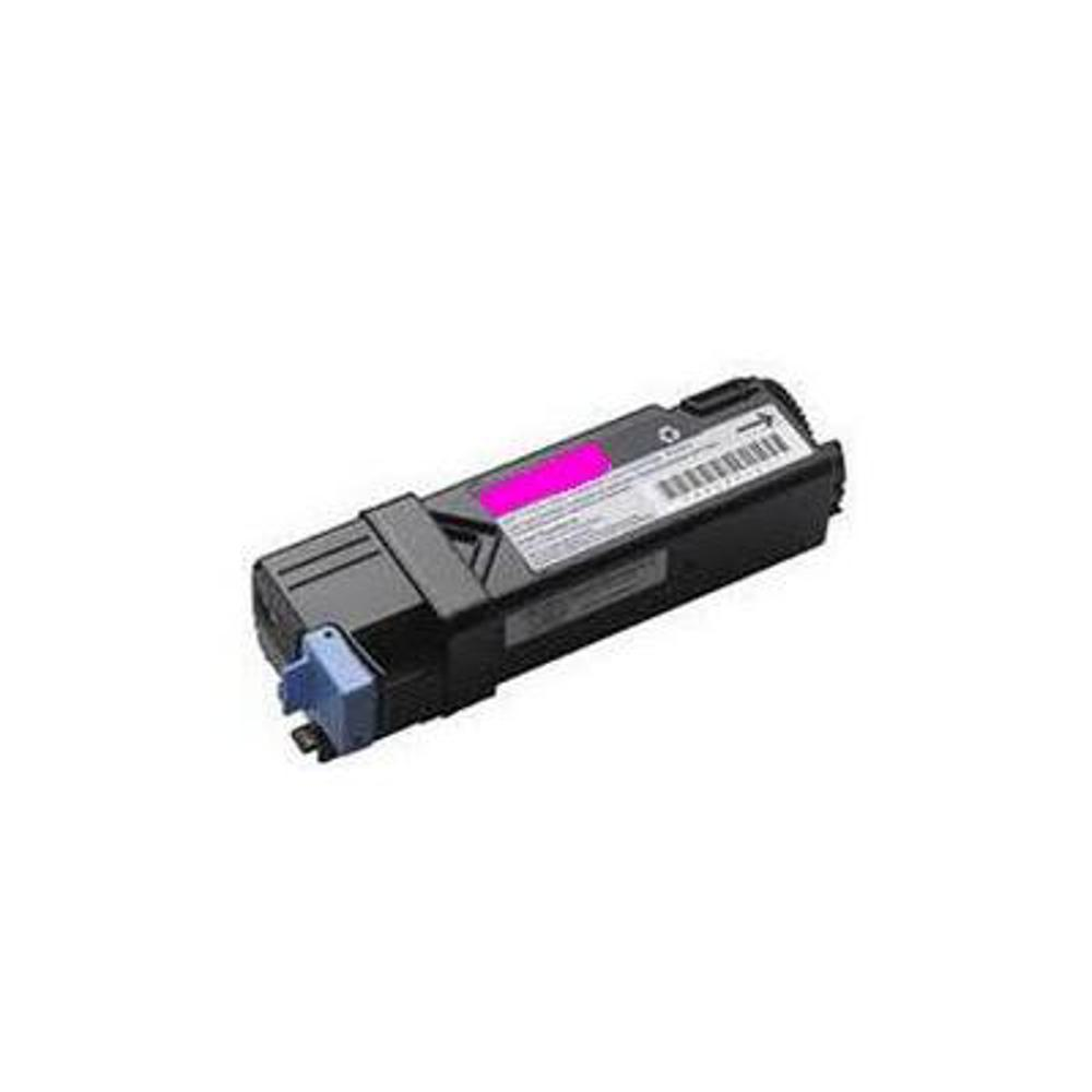 Una cartuccia d'inchiostro per stampante, nera con un'etichetta rosa. Ha un pezzo di plastica blu a un'estremità.