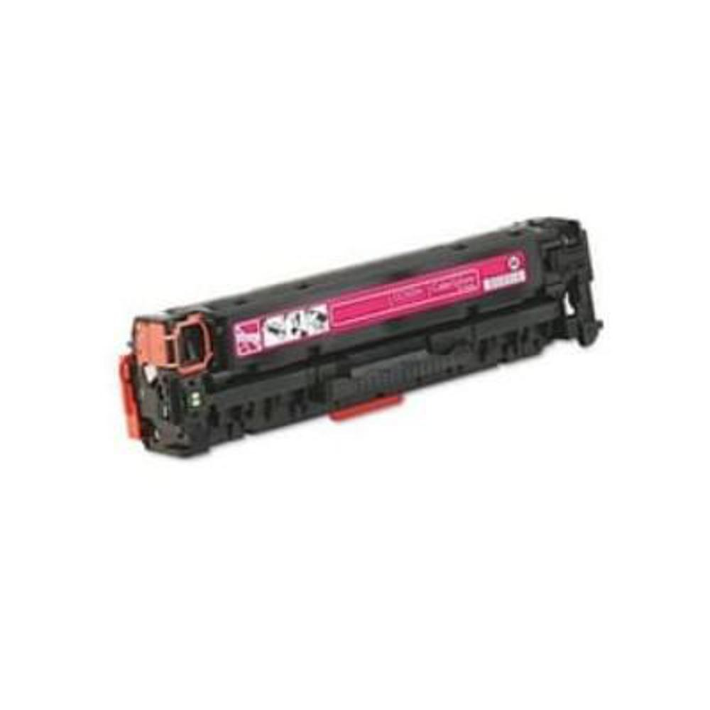 Una cartuccia di toner magenta con alloggiamento in plastica nera, dettagli arancioni e sfondo bianco.