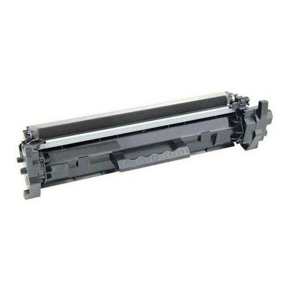 Una cartuccia toner per stampante. È nera e grigia, con un rullo e vari componenti in plastica. Lo sfondo è bianco.