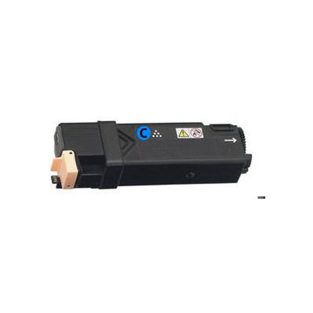 Una cartuccia toner nera con un pezzo di plastica beige e un simbolo C blu è mostrata su sfondo bianco.