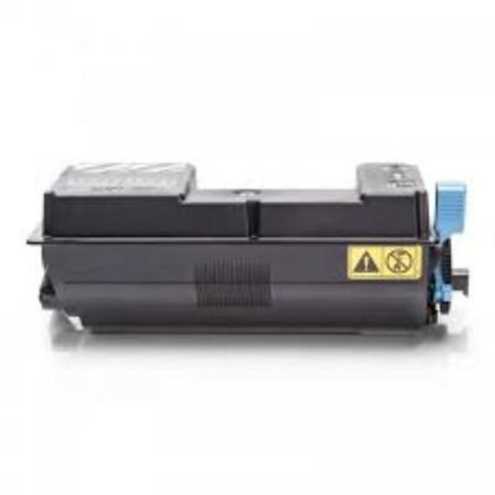 Una cartuccia toner nera con una leva blu. Ha etichette di avvertimento gialle e un motivo a griglia sul lato.