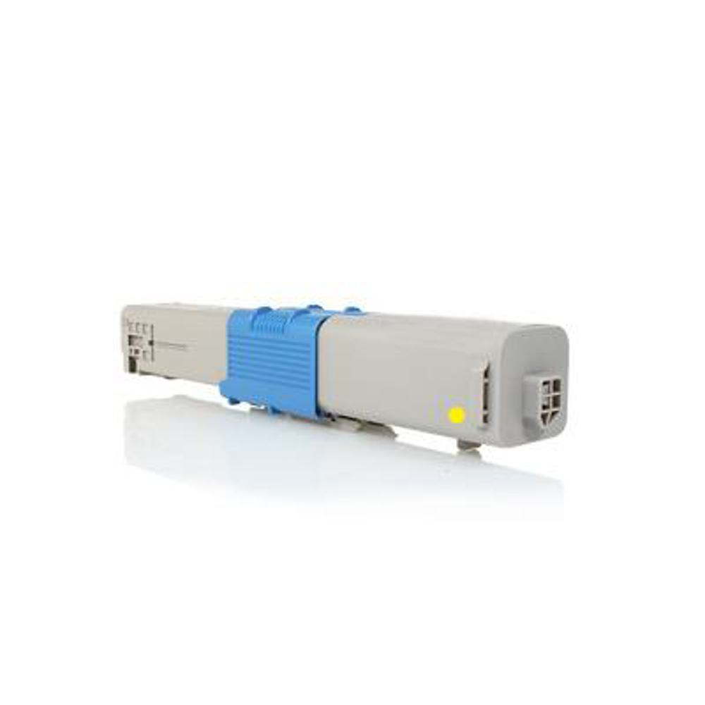 Una cartuccia di toner grigia con clip blu. Un punto giallo è sul lato. Lo sfondo è bianco.