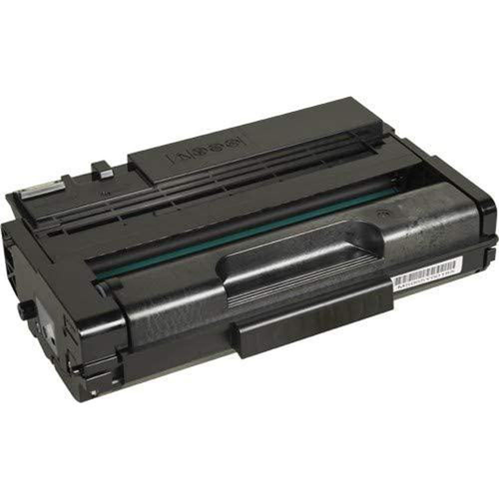 Una cartuccia toner nera. Ha varie parti con un'etichetta sul lato destro. Lo sfondo è bianco.