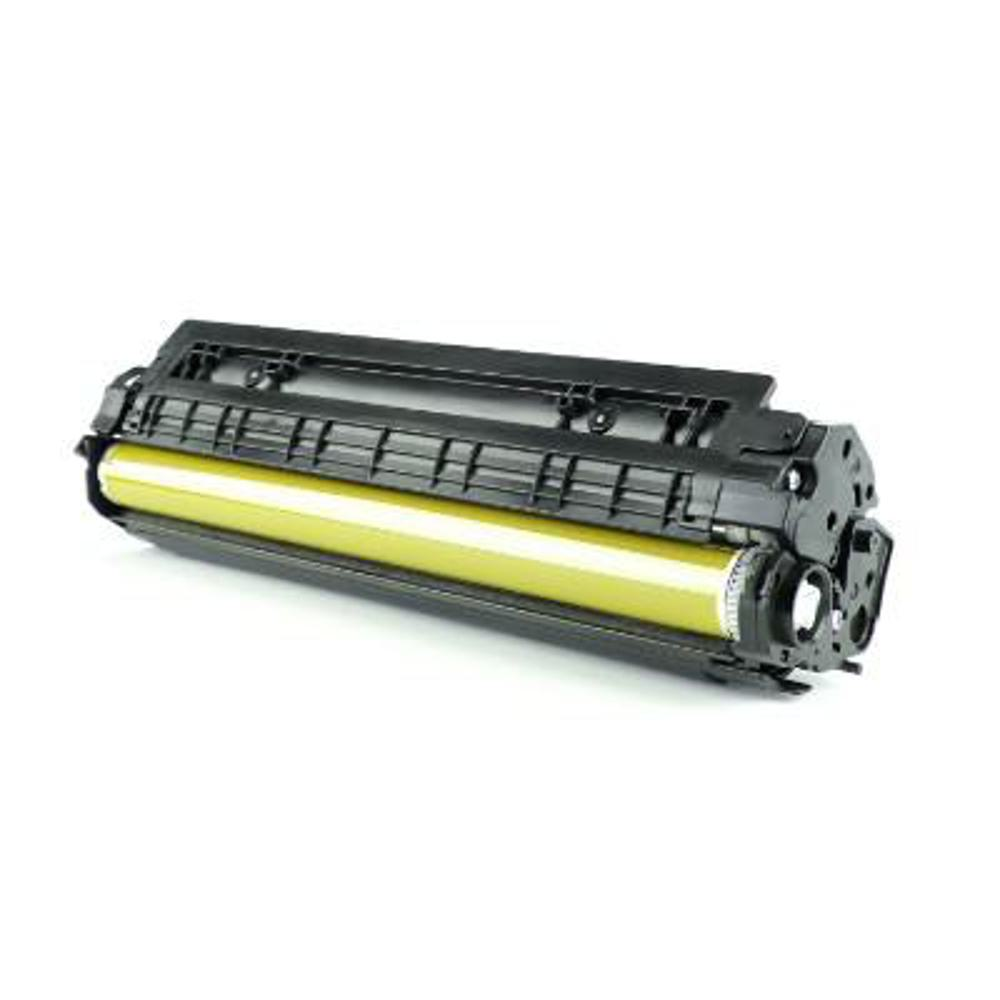 Una cartuccia toner per stampante, plastica nera con un cilindro giallo all'interno, isolata su sfondo bianco.