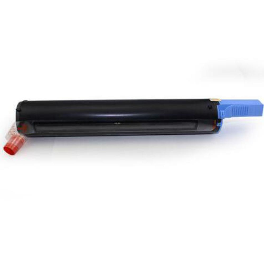Una cartuccia di toner nera con manico blu e tappo rosso su sfondo bianco.