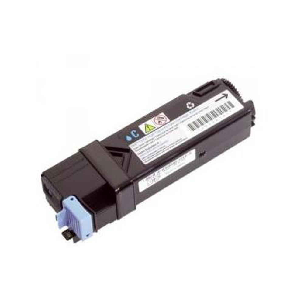Una cartuccia toner nera con etichette blu e bianche. Sul lato sinistro c'è una parte in plastica blu. Lo sfondo è bianco.