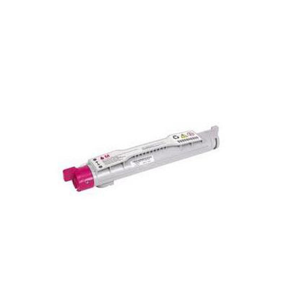 Una cartuccia di toner grigia e rosa su sfondo bianco. La cartuccia è angolata, mostrando i dettagli del suo design.
