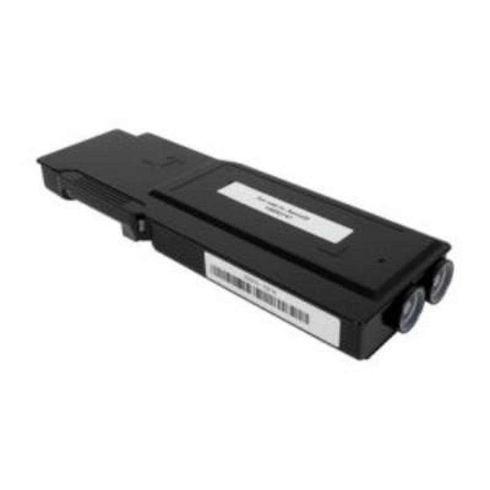 Cartuccia toner nera per stampante. Ha etichette bianche e un codice a barre. Sul lato destro sono visibili due elementi circolari.