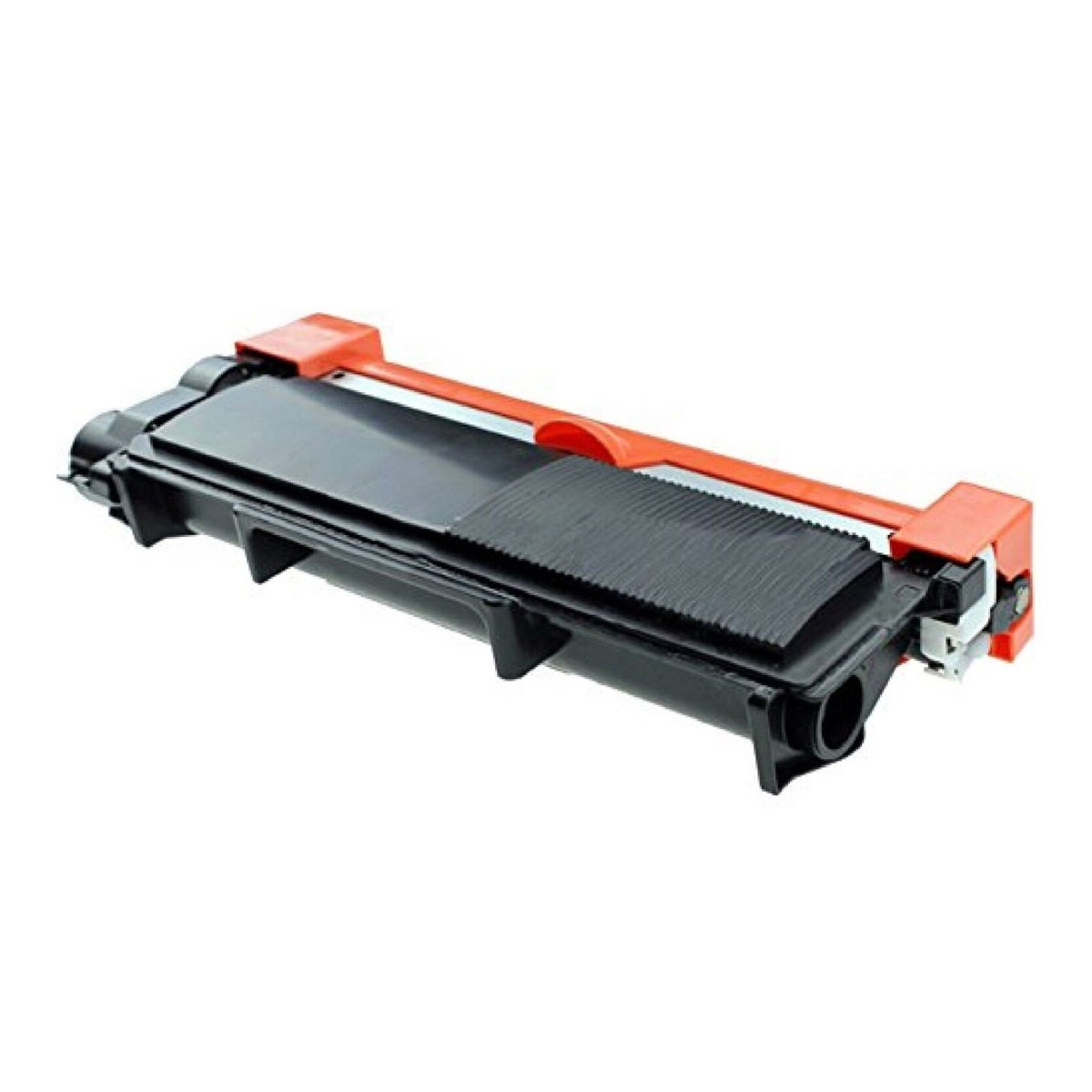 Una cartuccia toner nera e arancione. La cartuccia ha un corpo nero con una parte superiore a coste. Accenti arancioni sui lati.