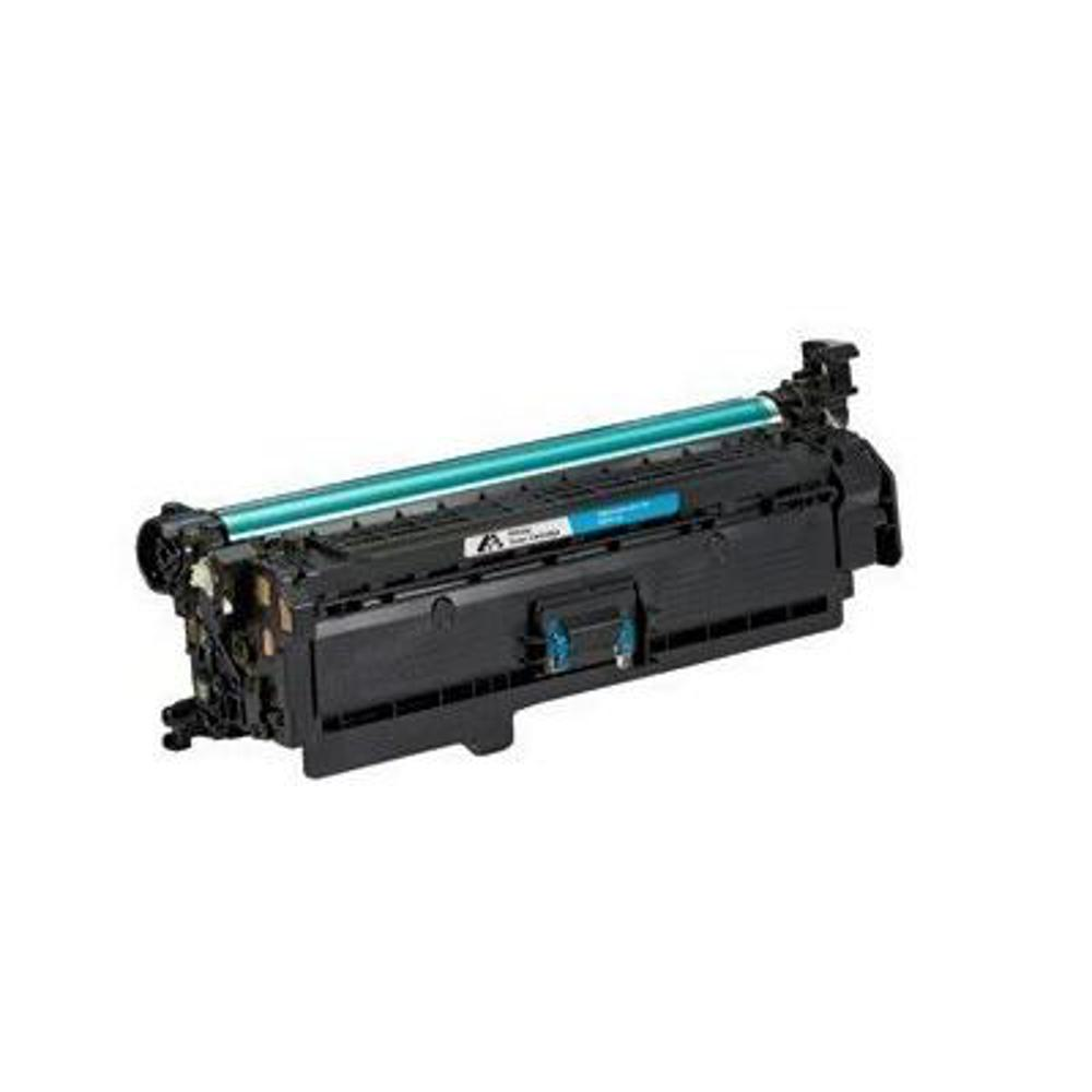Una cartuccia toner per stampante nera con un rullo azzurro e un'etichetta blu.