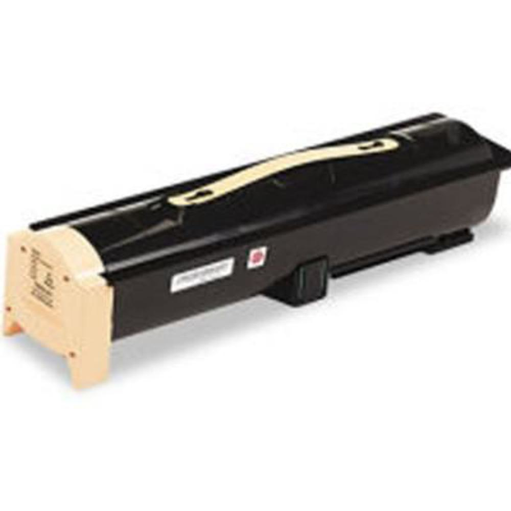 Una cartuccia di toner per stampante nera con maniglia e terminale beige. Un'etichetta bianca e un piccolo quadrato rosso sono visibili.