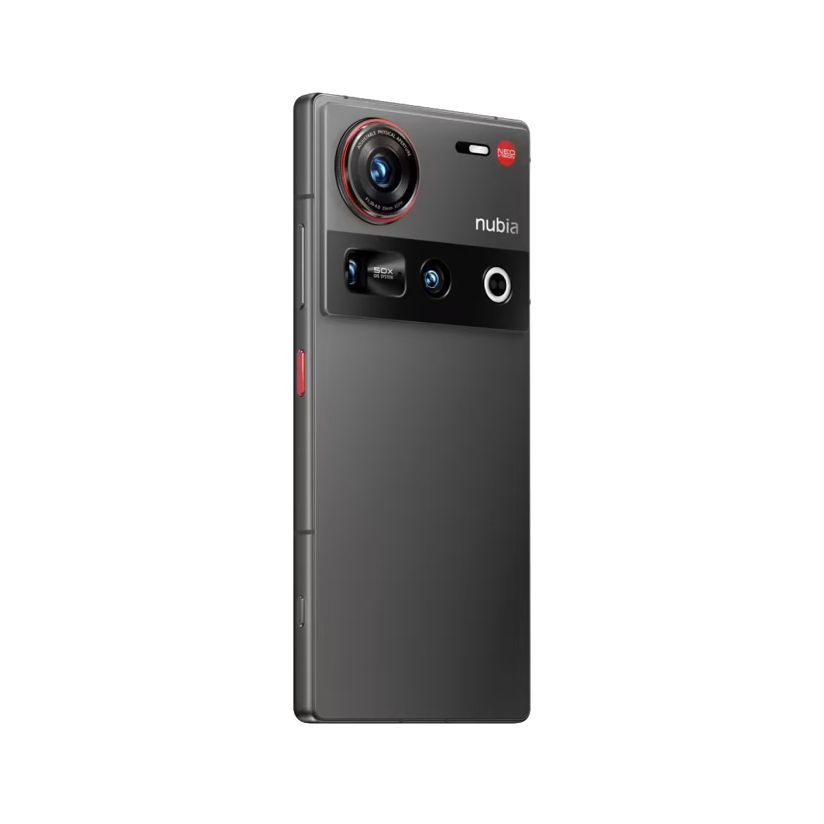 Ein graues Smartphone mit mehreren Objektiven und dem Markennamen 'nubia'. Es hat einen roten Akzent und ist vor weißem Hintergrund.