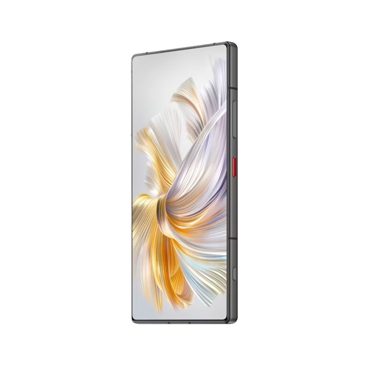 Ein Smartphone mit einem Bildschirm, der abstrakte Kunst in Gold, Weiß und Lila zeigt. Es hat einen schwarzen Rahmen mit roter Taste.