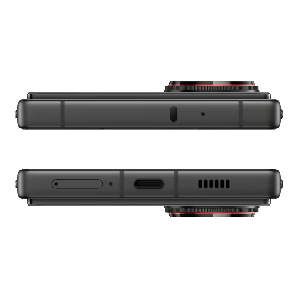 Zwei schwarze Smartphones, Seitenansicht. Eines zeigt ein Kameraobjektiv mit roten Details. Knöpfe und Anschlüsse sind sichtbar.