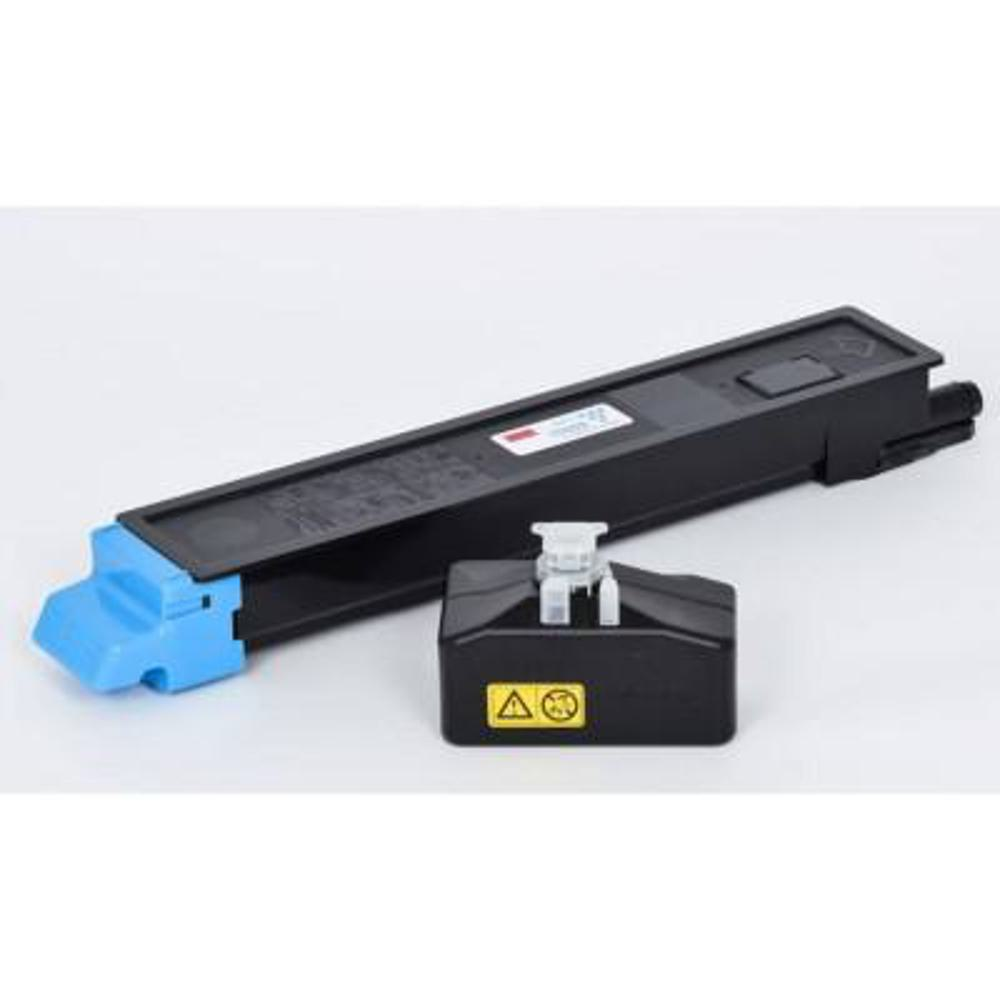 Una cartuccia toner nera e un contenitore di inchiostro nero più piccolo con dettagli bianchi e gialli.