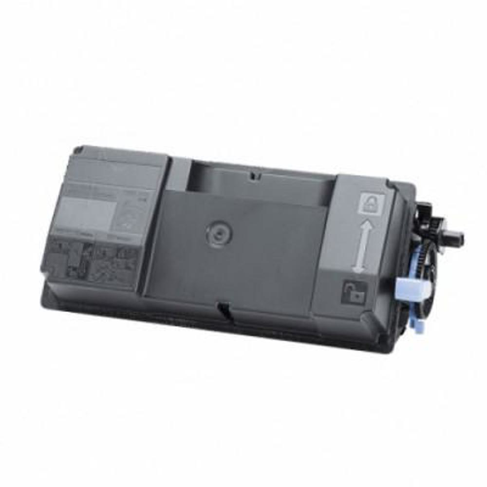 Una cartuccia di toner per stampante grigio scuro è posizionata orizzontalmente. Ha diversi scomparti, un ingranaggio blu e una freccia che indica un lucchetto.