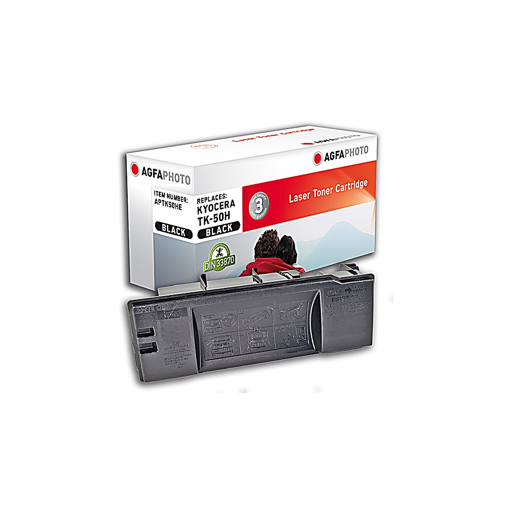 Una scatola di cartucce toner laser, con cartuccia nera davanti. La scatola riporta AGFAPHOTO, Cartuccia Toner Laser e TK-50H.