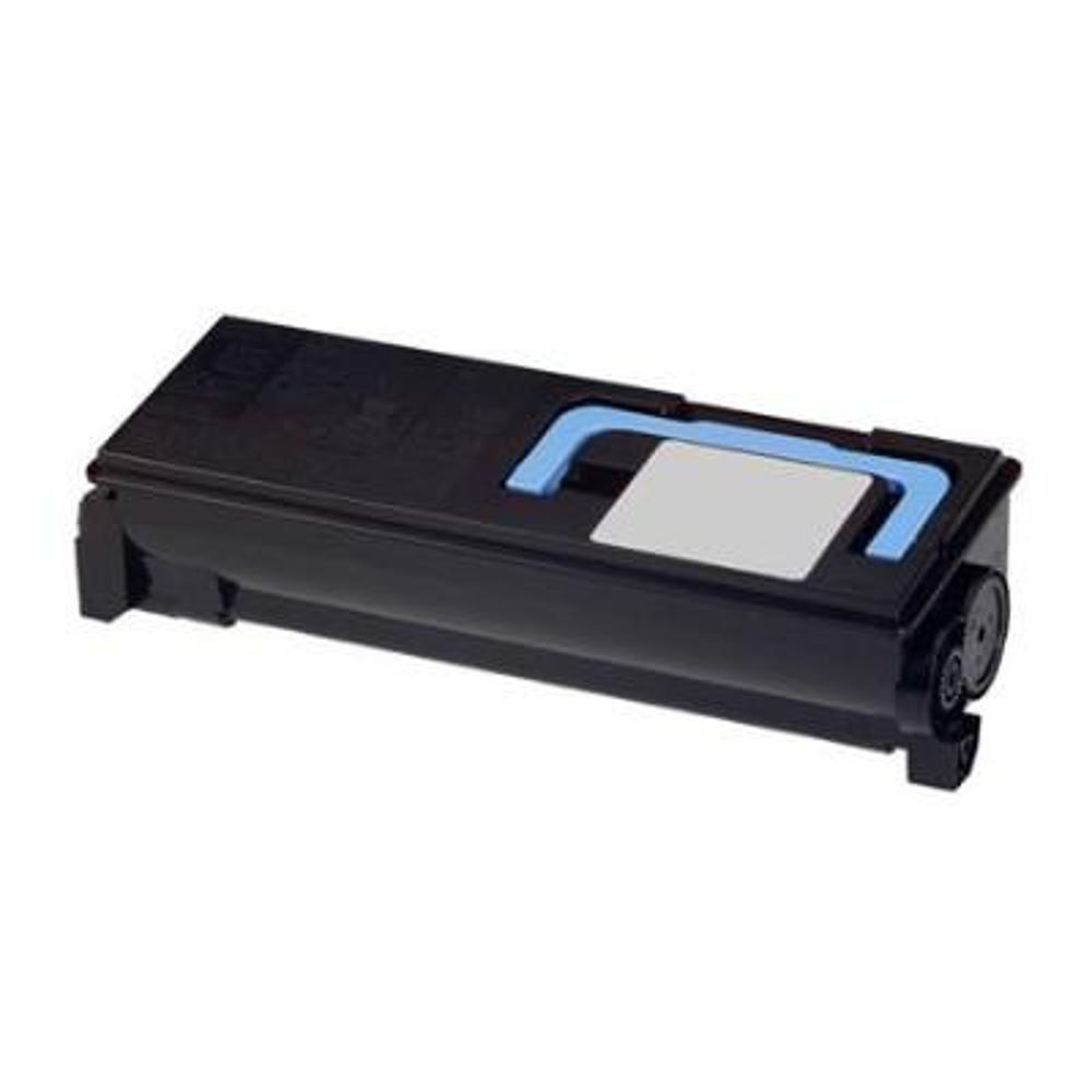 Una cartuccia di toner per stampante nera con manico blu e rettangolo grigio sopra, su sfondo bianco.