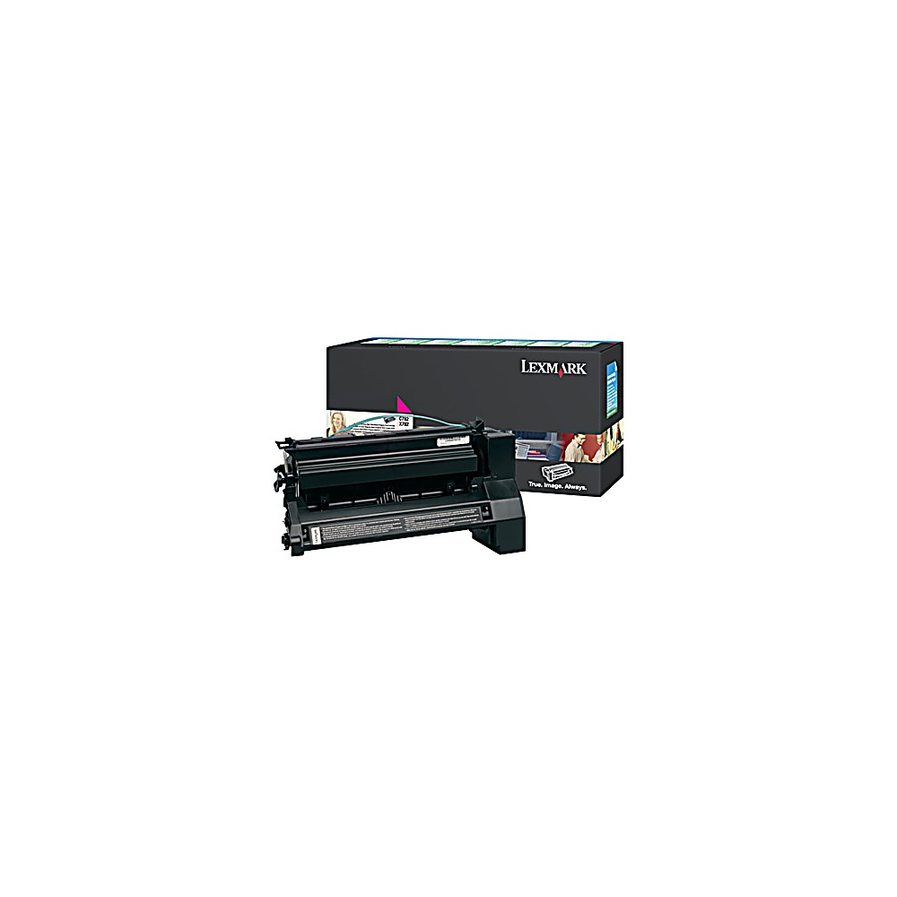 Una cartuccia toner per stampante Lexmark. Cartuccia nera con una scatola nera dietro con il logo Lexmark. Sfondo bianco.