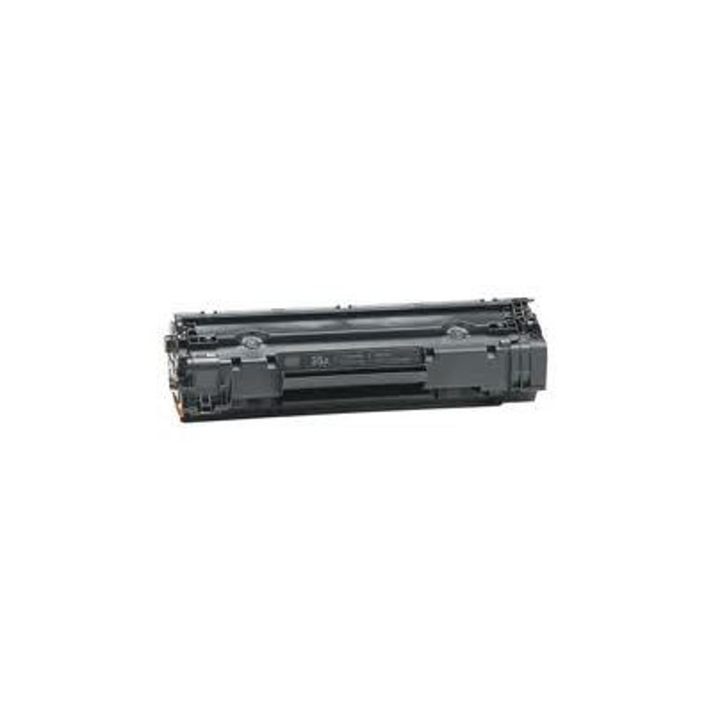 Una cartuccia di toner per stampante grigio scuro è isolata su sfondo bianco. È orizzontale, con dettagli visibili.