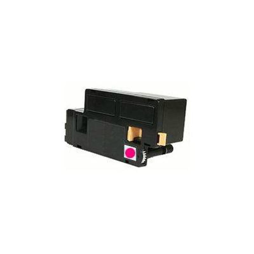Una cartuccia di toner per stampante nera con un cerchio rosa su sfondo bianco.