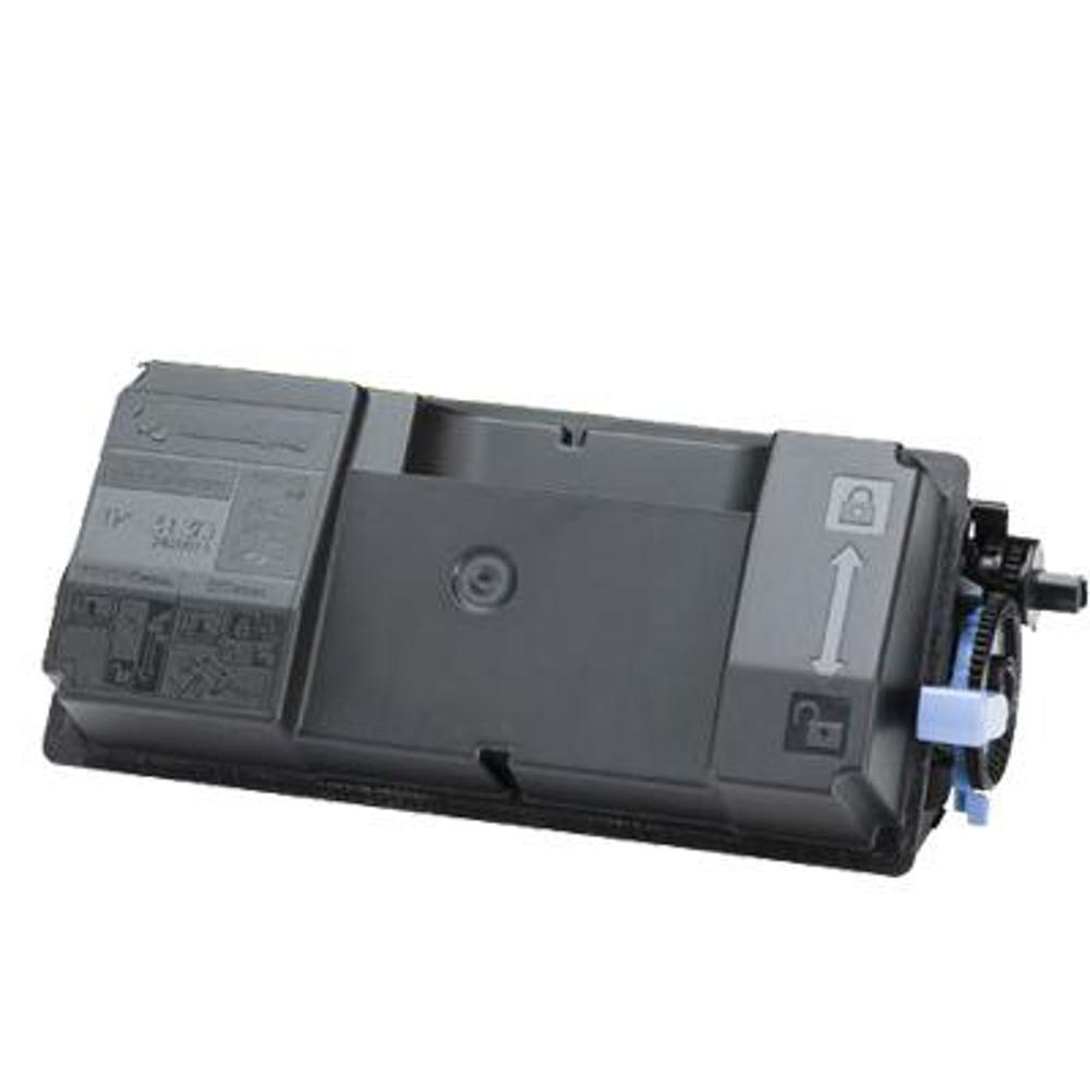 Una cartuccia di toner nera. Ha un simbolo di blocco e una freccia. Ci sono anche ingranaggi e una leva blu sul lato.