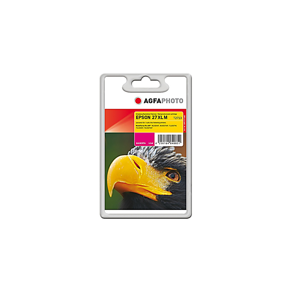 Una cartuccia fotografica AGFA con l'immagine di una testa d'aquila. La cartuccia è magenta e per stampanti Epson 27 XLM.