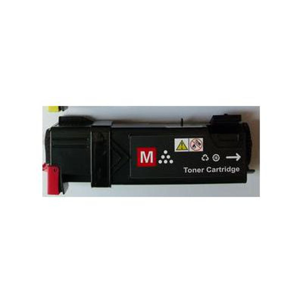 Una cartuccia di toner nera. Presenta simboli di avvertimento rossi e bianchi. L'etichetta riporta 'M' e 'Toner Cartridge'.