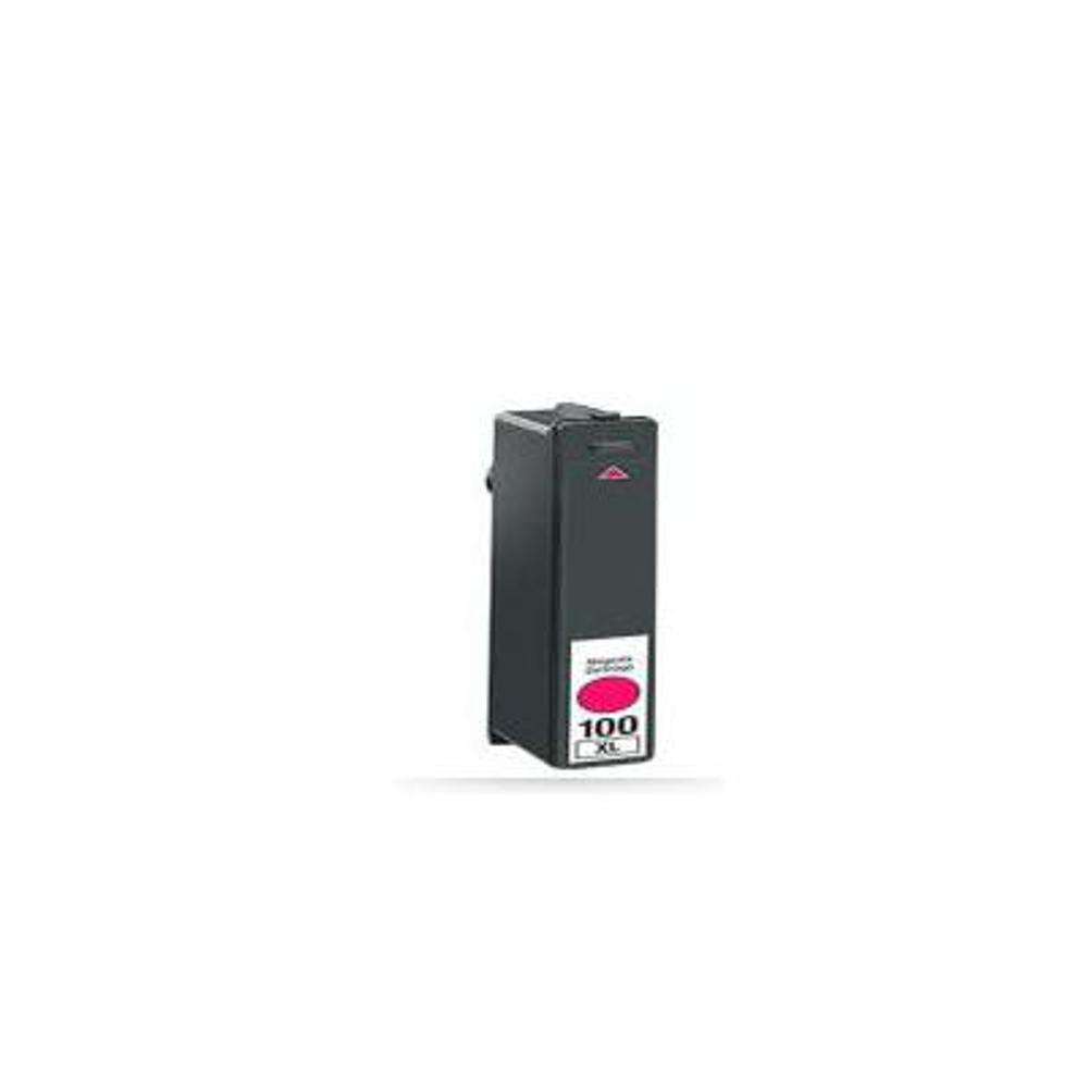 Una cartuccia d'inchiostro grigio scuro con un'etichetta rosa. L'etichetta recita 'Magenta' e '100 XL'.
