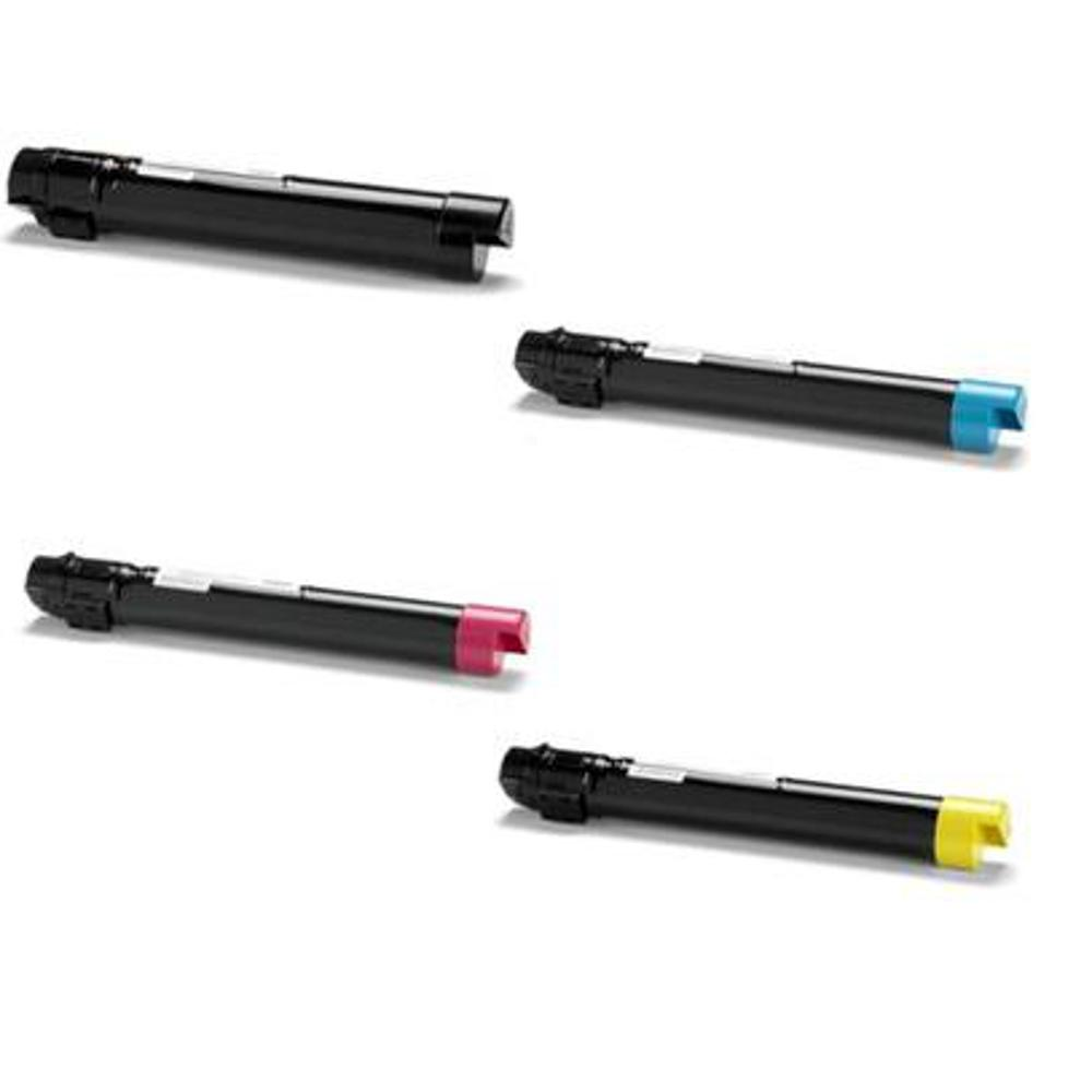 Quattro cartucce toner nere con estremità colorate: ciano, magenta e giallo. Tutto su sfondo bianco.