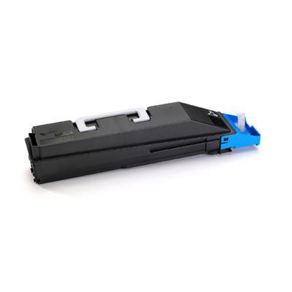 Una cartuccia toner nera per stampante con maniglia bianca e dettagli blu su sfondo bianco.