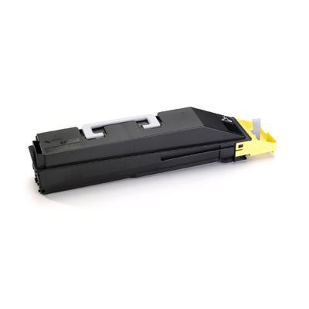Una cartuccia di toner per stampante nera con manico bianco. L'estremità ha una sezione gialla. Lo sfondo è bianco.