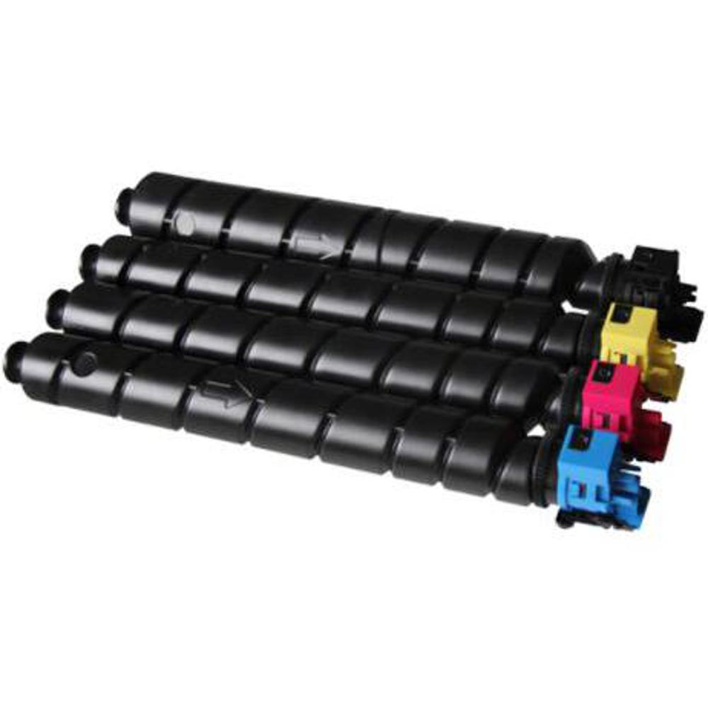 Quattro cartucce di toner nere. Ognuna ha un design a spirale. Le estremità hanno componenti colorati: blu, magenta, giallo e nero.