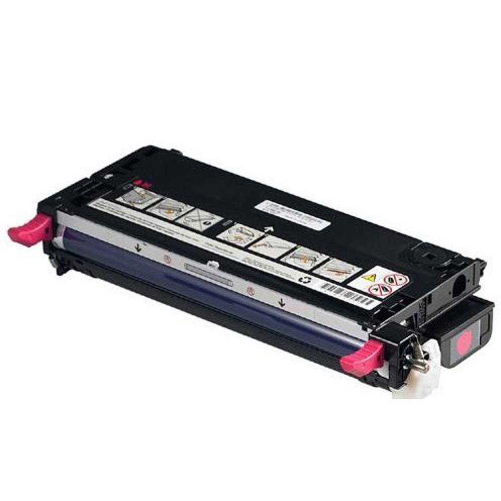 Una cartuccia toner per stampante nera e argento con leve rosa. La cartuccia presenta vari simboli ed etichette di avvertenza.