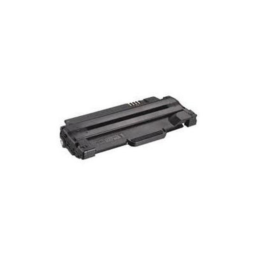Una cartuccia di toner nera su sfondo bianco. Ha forma rettangolare con varie creste e dettagli.