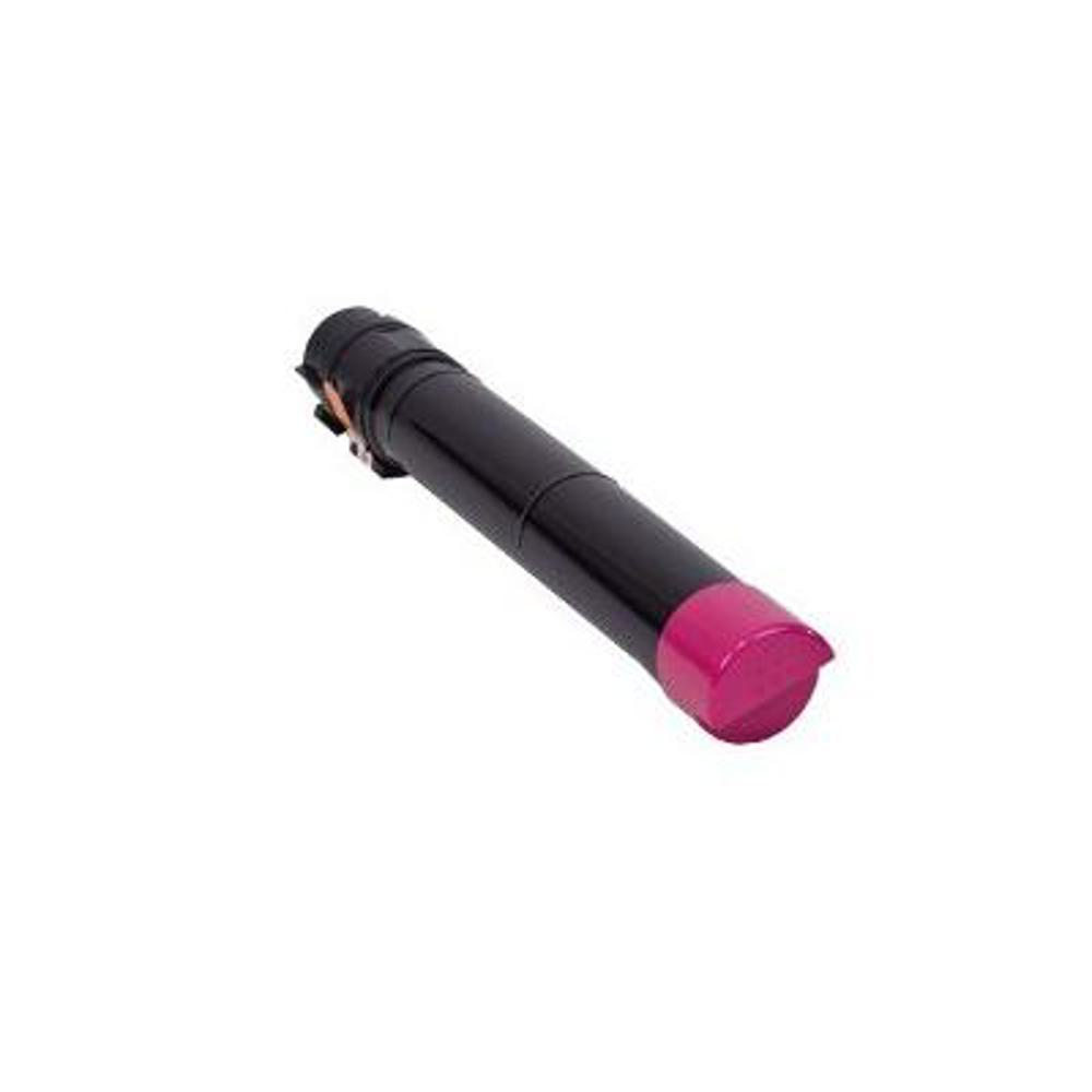Un oggetto cilindrico nero con un tappo rosa, probabilmente una cartuccia toner, su sfondo bianco.