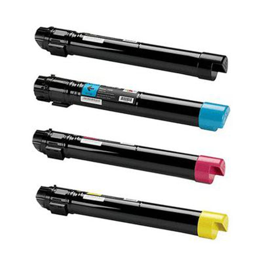 Quattro cartucce toner per stampanti nere. Ognuna ha un'estremità di colore diverso: blu, rosa e giallo. Una non ha colore.
