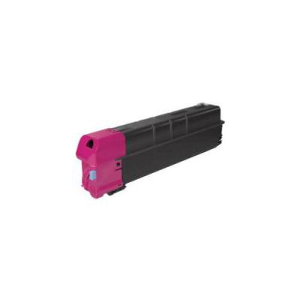 Una cartuccia toner per stampante magenta e nera. Estremità magenta con pulsante blu e corpo rettangolare nero.
