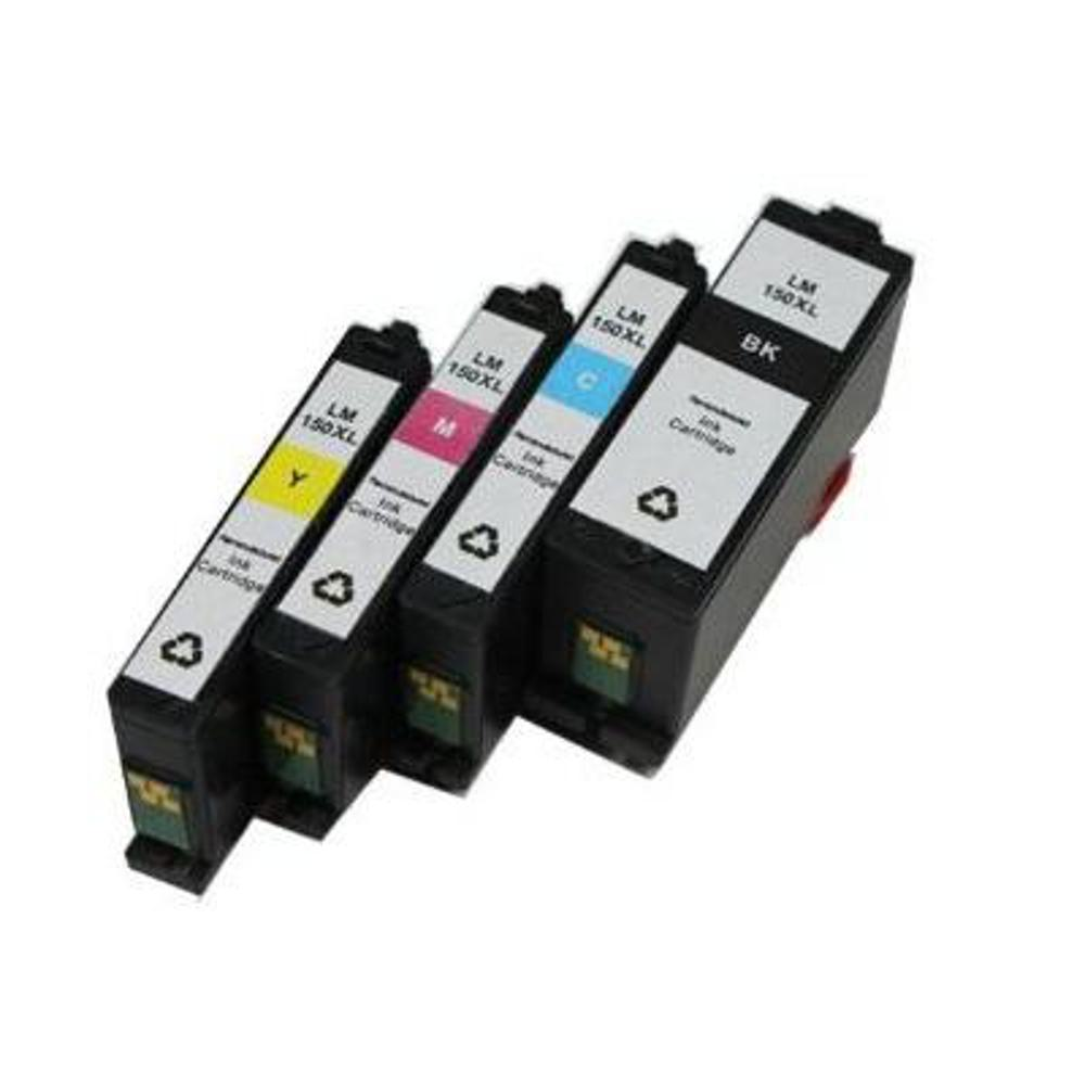 Quattro cartucce d'inchiostro. I colori sono giallo, magenta, ciano e nero. Ciascuna contrassegnata LM 150XL. La cartuccia nera è la più grande.