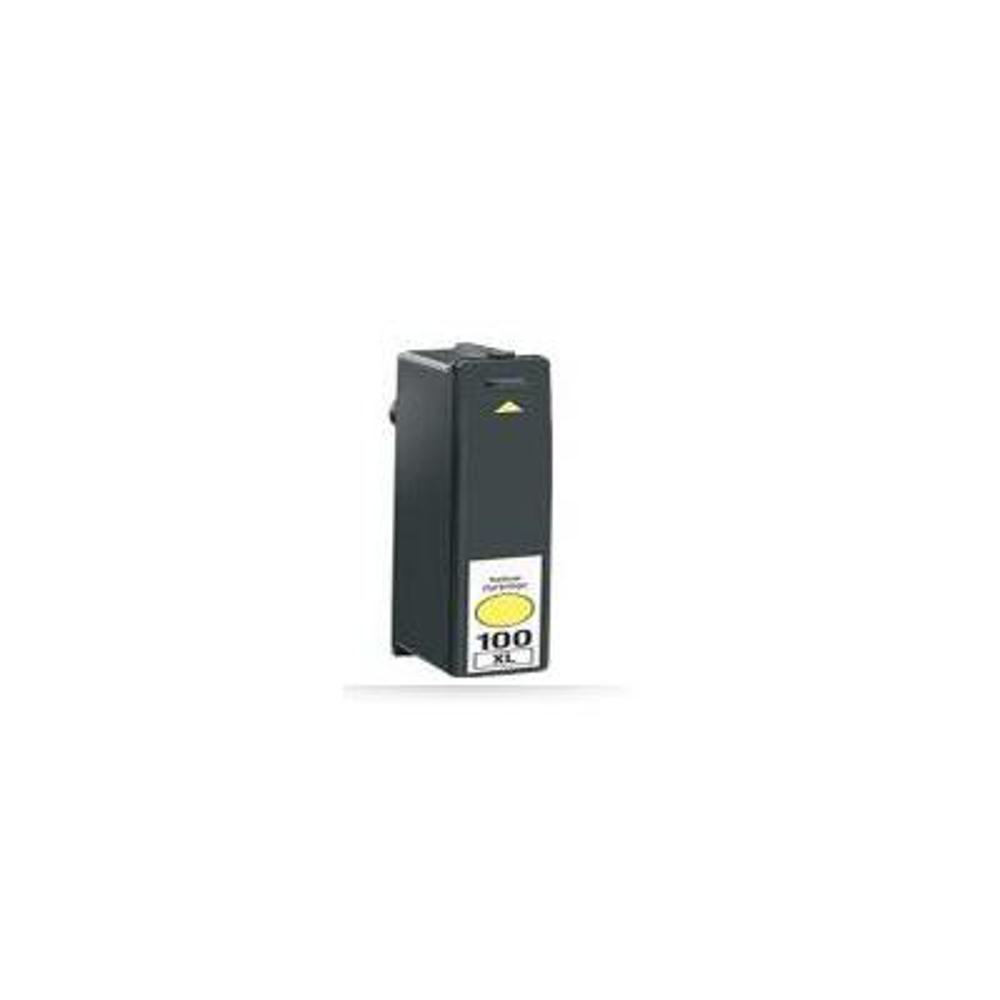 Una cartuccia d'inchiostro nera con un cerchio giallo e '100 XL'. Si trova su sfondo bianco.