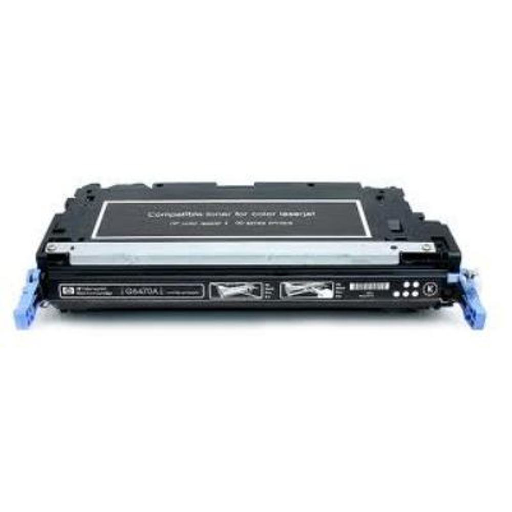 Una cartuccia toner HP nera e argentata. Ci sono maniglie blu su ciascun lato. La parte superiore recita: 'Toner compatibile per stampante laser a colori'.